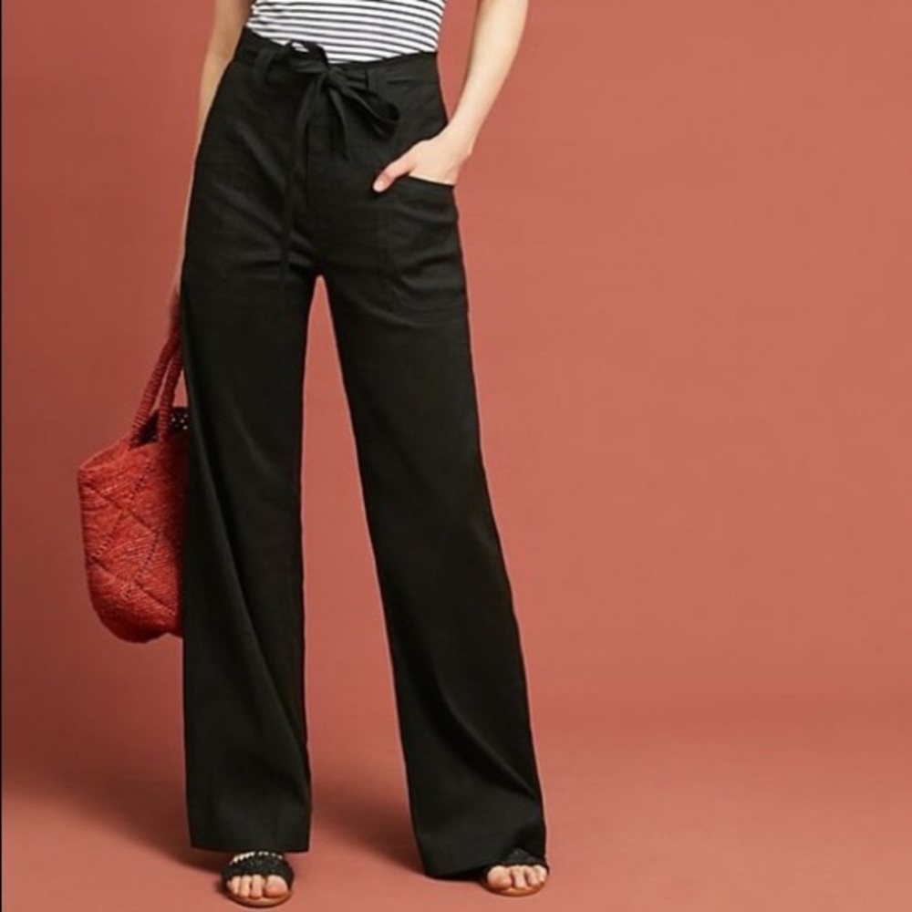 ANTHROPOLOGIE Black Wide Leg Linen Pants 4P - Picture 1 of 9